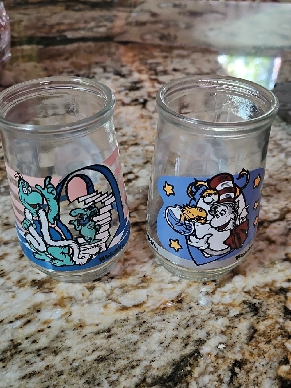 Welch's Dr. Seuss Themed Glass Jelly Jars- Blue & Teal